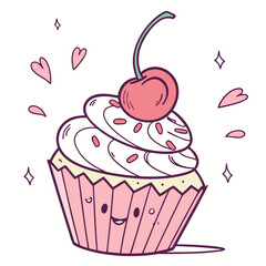 Cute cartoon cupcake with cherry on top and happy face surrounded by hearts and sparkles