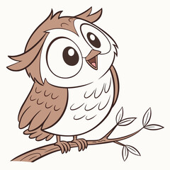 Cute cartoon owl with big eyes perched on a tree branch with leaves looking up with a happy expression