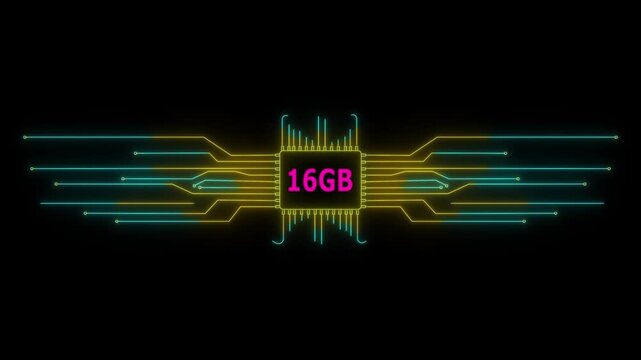 Neon Circuit board 16GB text animation. Neon Tech Colorful for Digital Interfaces. 4k video