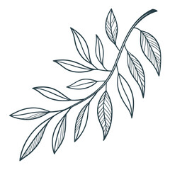 Elegant dark blue line art drawing of a delicate branch with multiple leaves on a white background