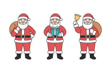 Santa Claus character set holding gift box, carrying sack of presents and ringing bell, traditional red suit with hat and beard, Christmas mascot for holiday season design. Flat vector illustration
