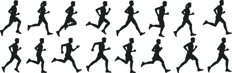 Running silhouettes, athlete motion sequence, jogging stride illustration, human locomotion, sports training, biomechanics study, fitness exercise, black outline, vector design, icons
