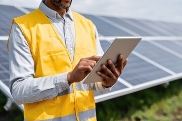 A person in a yellow safety vest uses a digital tablet at a solar power plant, checking energy systems.