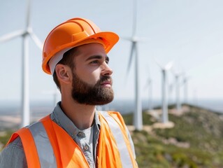 A focused male engineer in an orange hard hat and safety vest standing amidst wind turbines under a clear sky.