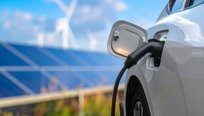 A white electric vehicle is charging at a charging station on a paved road.