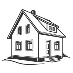 Simple black and white illustration of a two story house with a chimney and dormer windows