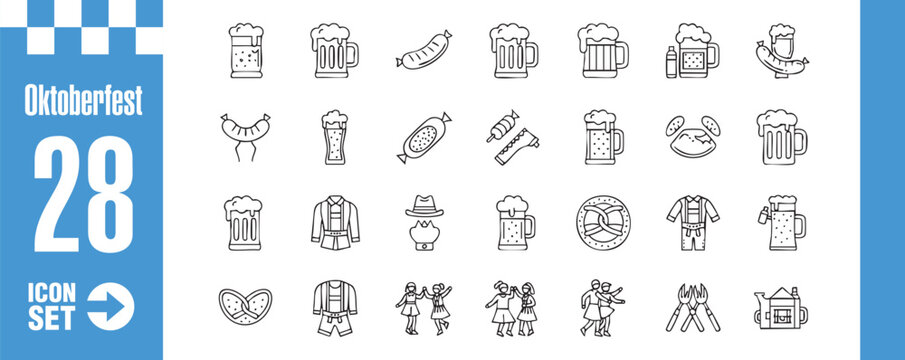 Oktoberfest icons set collection of 28 beer festival related line art icons perfect for oktoberfest events, promotions, and themed designs