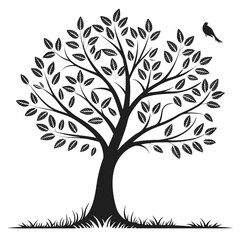 Obraz premium Stylized black silhouette of a leafy tree with a bird perched on a branch against a white background