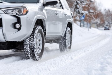 A silver all-terrain vehicle with winter tires navigates a snow-covered road, kicking up fresh powder.