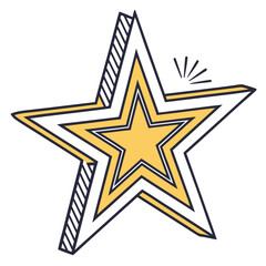 Stylized yellow and white star with dark outline and hatching detail on white background