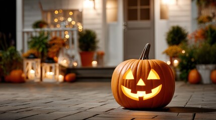 A glowing jack-o'-lantern with a carved face sits on a paved surface, in front of a house decorated for autumn.
