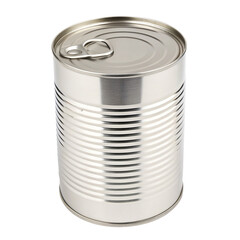 Metallic tin can with pull tab lid for food and storage isolated against white background