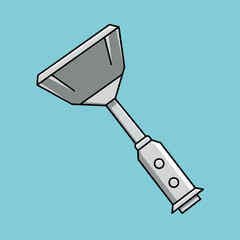 Illustration of a gray metal spatula with a handle on a blue background.