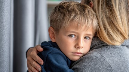 A young boy with blond hair and brown eyes looks seriously at the camera while being held by an adult, showing a moment of comfort or concern.