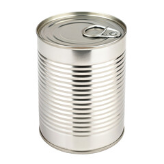 Metal food can isolated on white background with silver color and ring pull lid for convenience