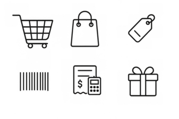Shopping icon set: cart, bag, tag, barcode, receipt, gift