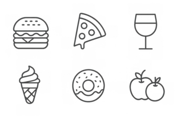 Neon outline food icon set featuring burger pizza wine ice cream donut and apples