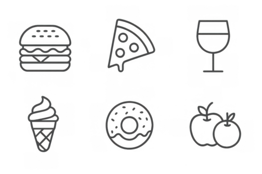 Neon outline food icon set featuring burger pizza wine ice cream donut and apples