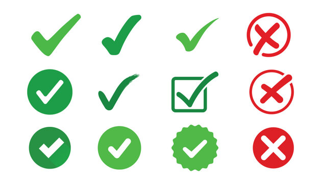 Vector collection of green tick marks and red cross icons. A flat design symbol set for validation, approval, and voting concepts