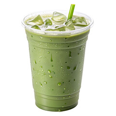 Refreshing iced matcha latte with green tea in a plastic cup with ice topping perfect for summer