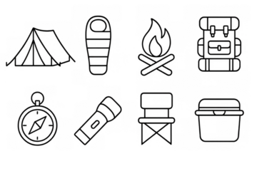Essential camping gear icons: tent, sleeping bag, campfire, backpack, compass, flashlight, chair, cooler