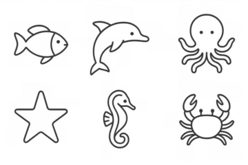 Marine animal icons: simple line art of fish, dolphin, octopus, starfish, seahorse, crab