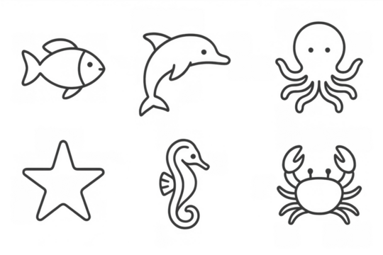 Marine animal icons: simple line art of fish, dolphin, octopus, starfish, seahorse, crab