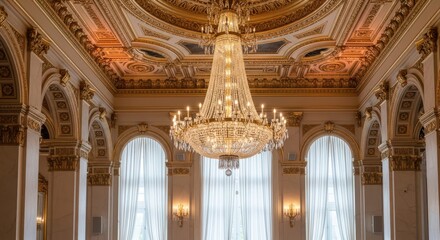 Fototapeta premium Grand ballroom with ornate chandelier and gold detailing
