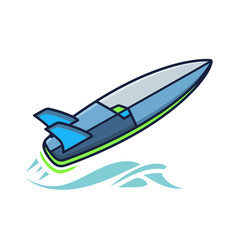Cartoon illustration of a blue and gray speedboat with green accents, speeding over water.