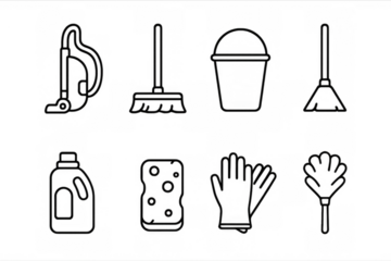 Set of cleaning icons: vacuum, mop, bucket, detergent, and more in linear style