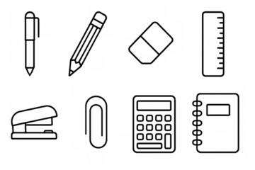 Minimalist line art office supplies with stationery icons set