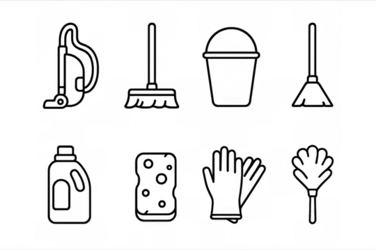 Set of cleaning icons: vacuum, mop, bucket, detergent, and more in linear style