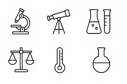 Science and education line icons featuring microscope, telescope, and lab equipment