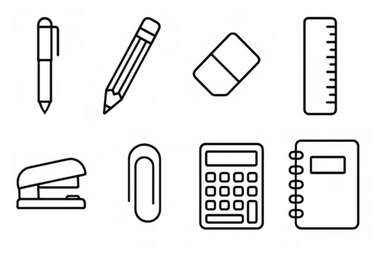Minimalist line art office supplies with stationery icons set