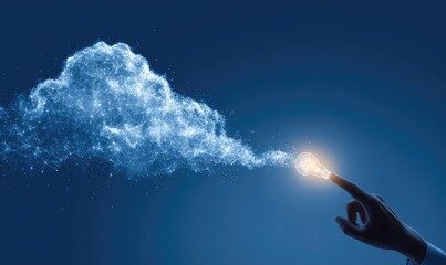 Human Finger Connects With Glowing Digital Cloud Formation.