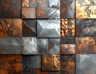 Abstract metallic wall of textured, rusted, square and triangular panels in varying shades of copper, bronze, and grey