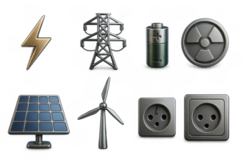 Energy icons set: diverse power sources and electrical elements in realistic style