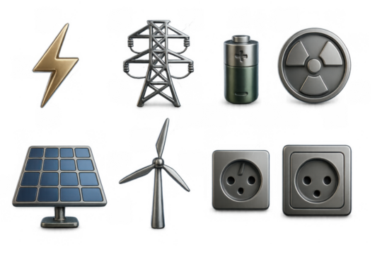 Energy icons set: diverse power sources and electrical elements in realistic style
