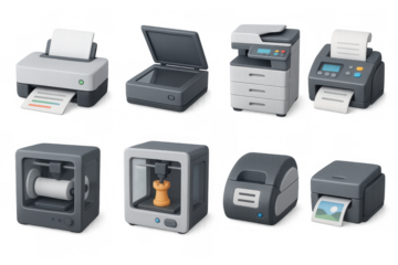 Modern office and 3d printing devices in isometric design