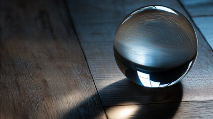 Obraz premium Glass Paperweight Amplifying Light Reflections on Wooden Surface, Abstract Financial Concept with Directional Studio Lighting, f/4.0 Aperture, Minimalist Composition