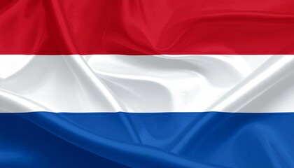 Dutch flag with horizontal red, white, and blue bands—slightly wrinkled fabric evokes movement, unity, and symbolic national pride in timeless tricolor composition.