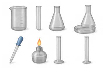 Transparent laboratory glassware collection with dropper and burner