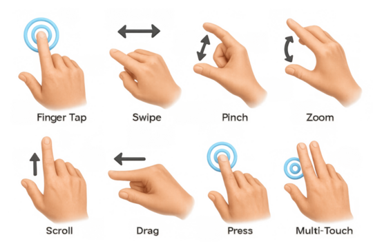 Gesture control hand movements for touchscreen devices