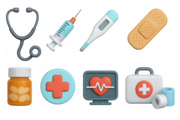 3d medical icons: stethoscope, syringe, thermometer, bandage, medicine, heart monitor