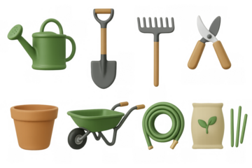 Garden tools collection: watering can, wheelbarrow, pruners, and more in 3d style