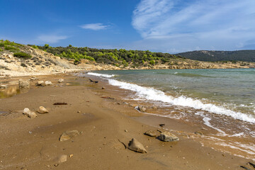 Wild sandy beach Podsilo on the island of Rab, empty beach without people, Rab, Croatia