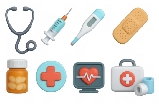 3d medical icons: stethoscope, syringe, thermometer, bandage, medicine, heart monitor