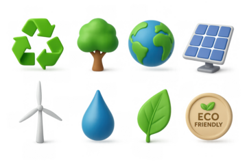 Eco-friendly 3d icons: renewable energy and sustainability symbols