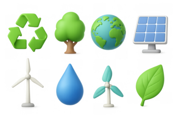 Eco-friendly icons featuring earth, solar panel, wind turbines, and recycling symbols in 3d design