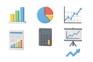 3d business analytics icons: graphs, charts, calculator, and data presentation set
